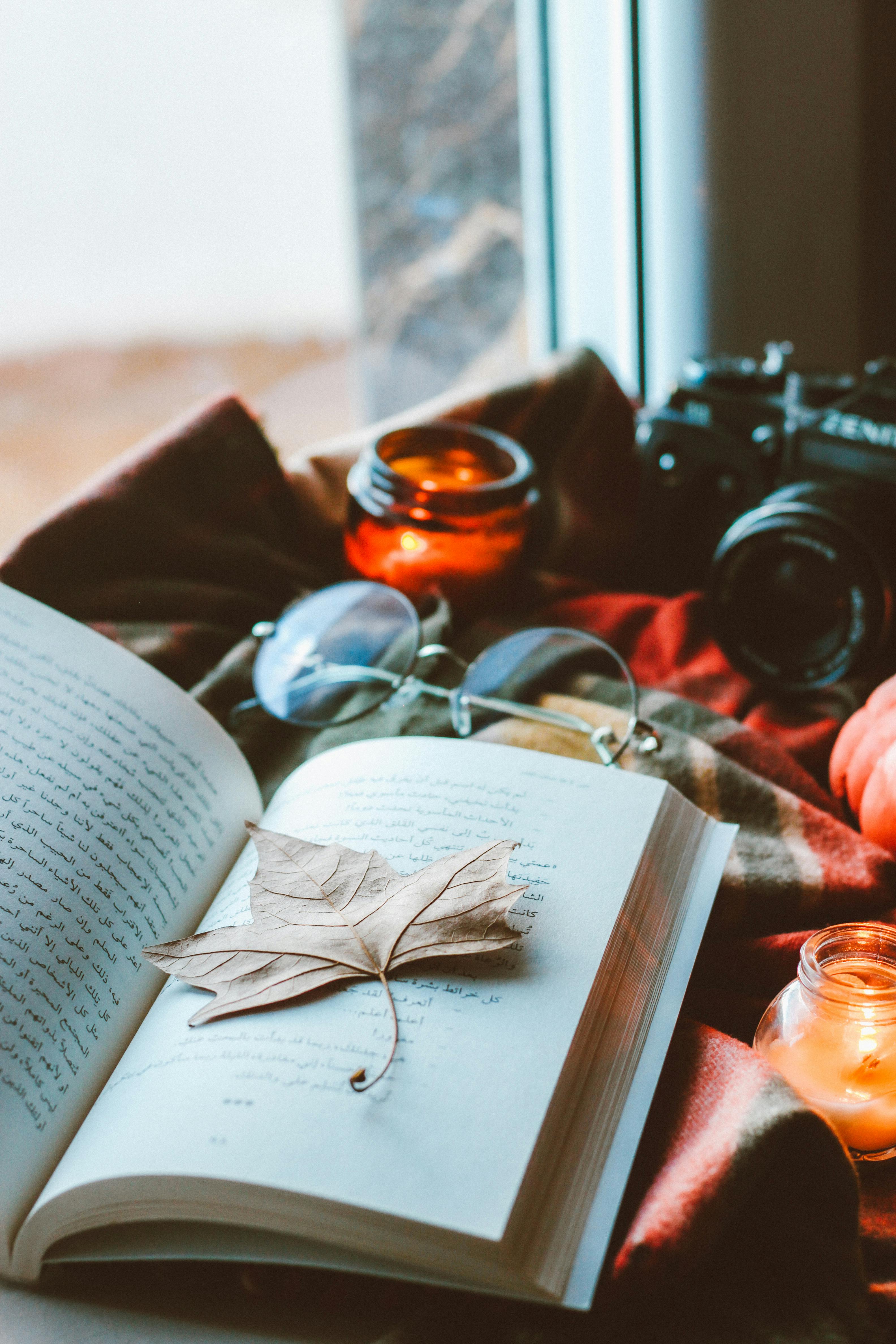 Warm and cozy autumn setup with a book, leaf, and candles on a windowsill.