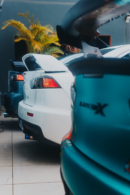 Free Cars on a Display in a Garage Stock Photo