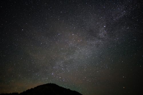 Free Beautiful starry night sky with a clear view of the Milky Way and a silhouetted hill in the foreground. Stock Photo