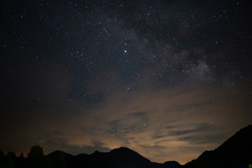 Free Captivating nighttime landscape featuring a starry sky and the Milky Way over silhouetted mountains. Stock Photo