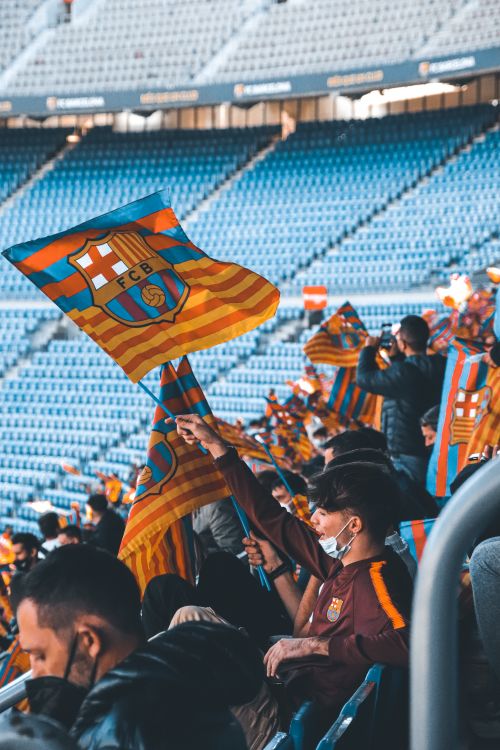Free Vibrant crowd of soccer fans waving flags in a stadium, showcasing team spirit and enthusiasm. Stock Photo