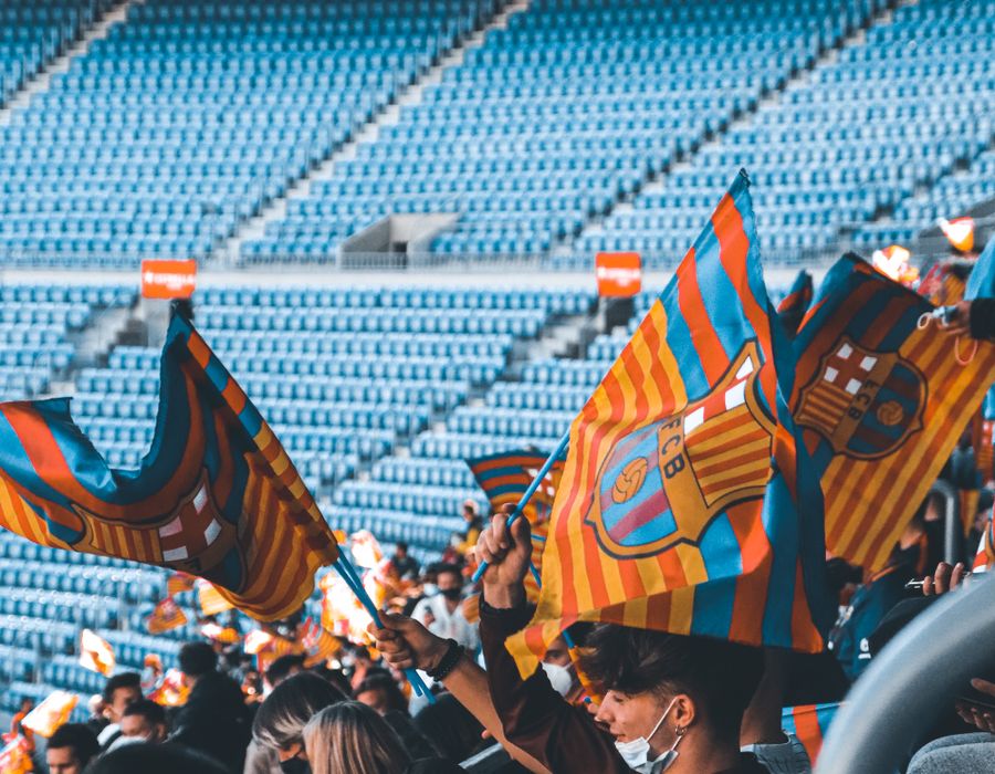 Football fans with flags and scarves celebrating