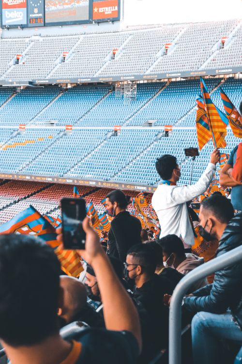 Free Fans with flags enjoying a sports event in a large stadium. Stock Photo
