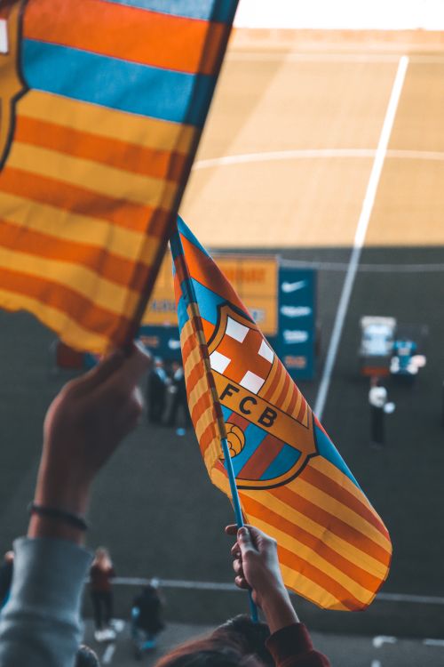 Free Fans waving FC Barcelona flags during a daytime football match at a stadium. Stock Photo