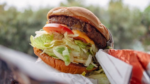 Appetizing close-up of a cheeseburger with fresh lettuce, tomato, and cheddar cheese.