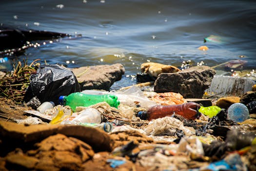 Plastic waste and pollution on a beach in Luanda, Angola.