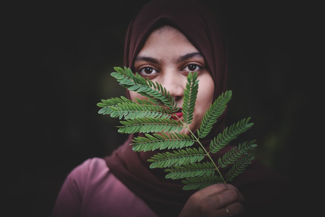 A Woman in Brown Hijab Holding Green Leaves · Free Stock Photo
