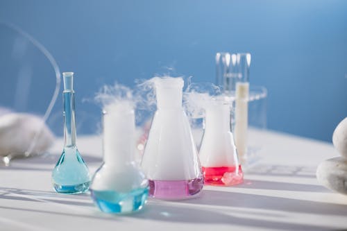 Free Boiling Liquids in Flasks Stock Photo