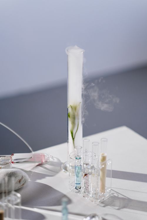 Free Close-up of test tubes with steam and a flower, symbolizing science and nature. Stock Photo