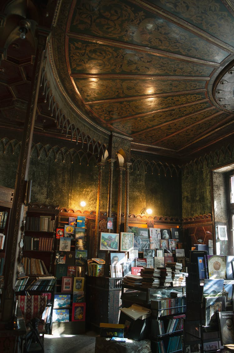 Interior Of Bookshop With Books And Paintings