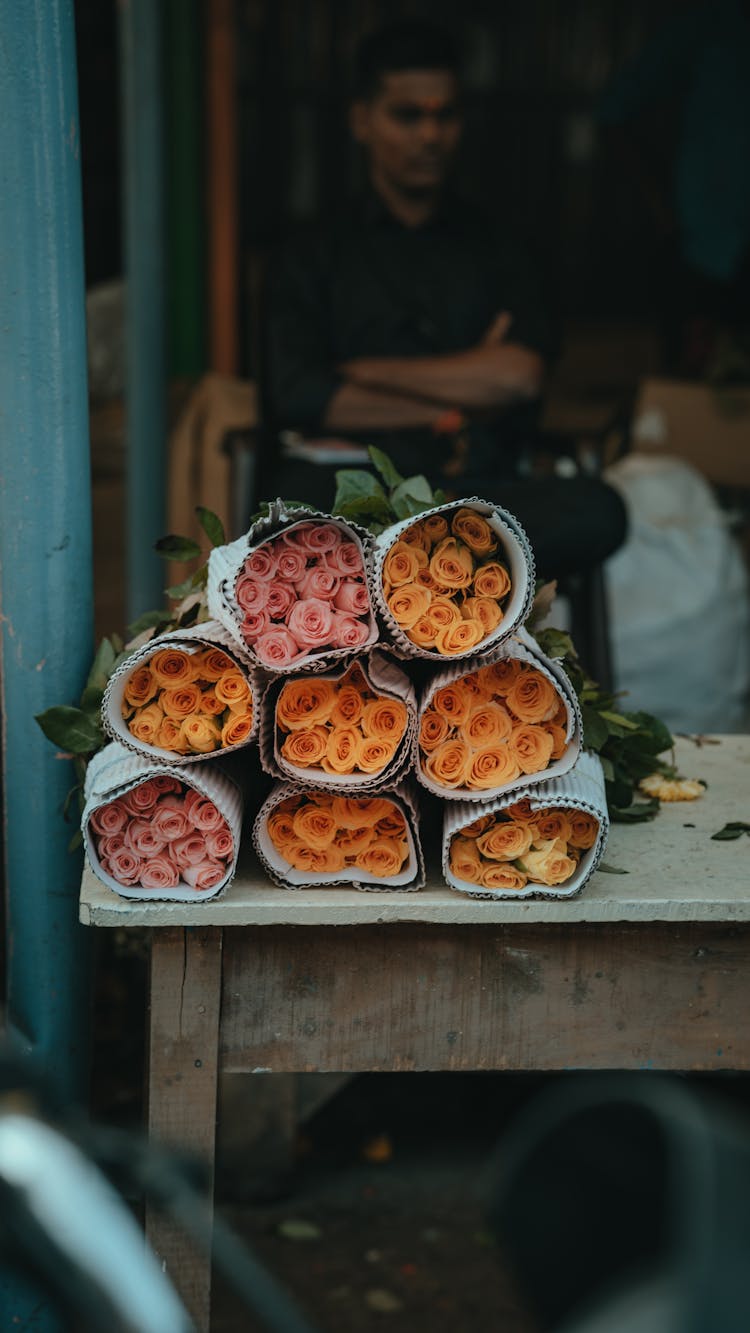 Bouquets Of Roses On A Local Market Stall 