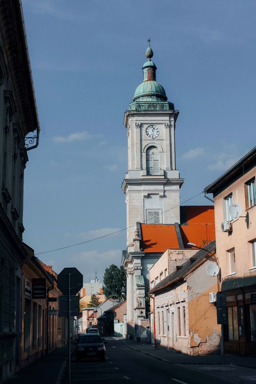 Free A scenic view of a historic church tower in Komarno, Slovakia. Stock Photo