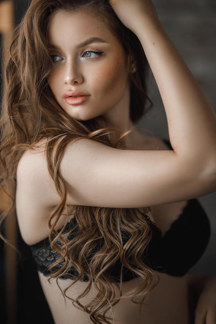 Attractive Woman With Long Brown Hair In Black Bra 