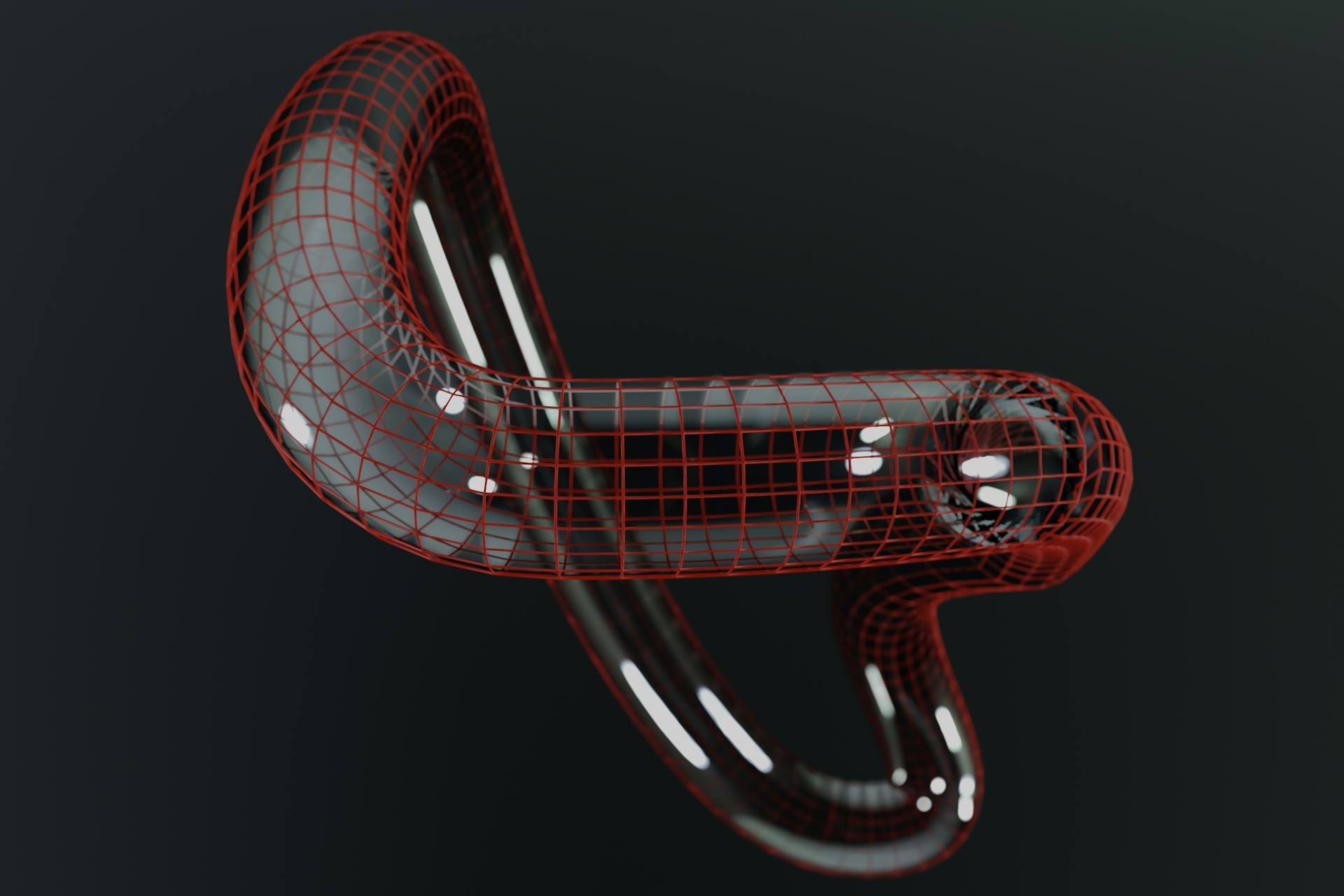 A modern 3D abstract wireframe shape with a shiny reflective surface on a dark background.