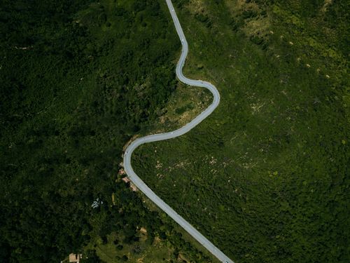 Free Aerial view of a winding road cutting through vibrant green foliage in Brazil's MG region. Stock Photo