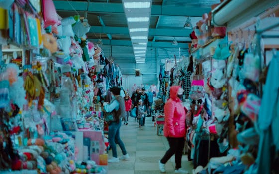 Vibrant indoor market scene in Moscow, displaying shoppers exploring colorful stalls during the day.