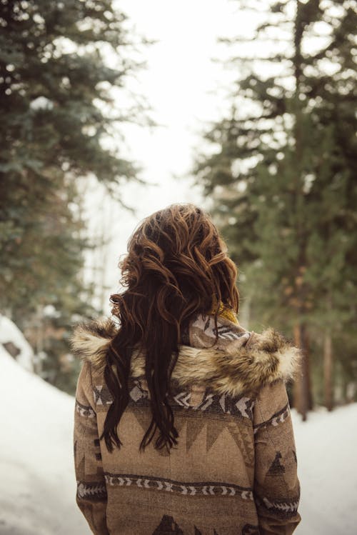 Free Woman in Winter Forest  Stock Photo