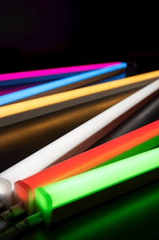 Colorful and illuminated LED tube lights expertly arranged, creating a vibrant ambiance.