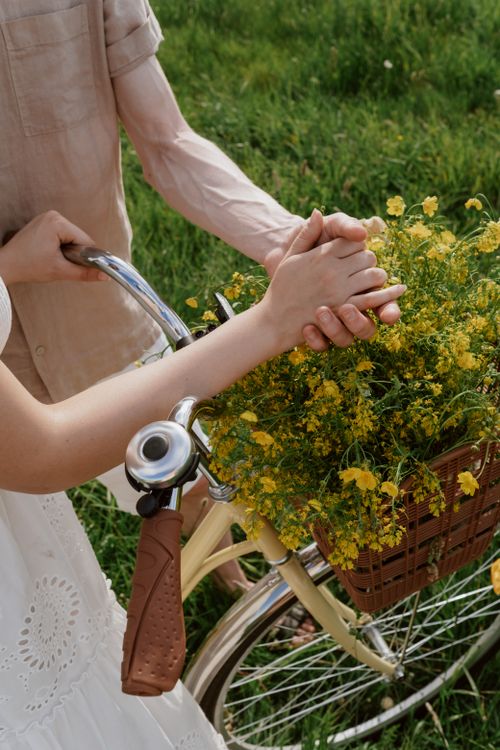 Free Romantic scene of a couple holding hands over a vintage bicycle with a basket of yellow flowers in a meadow. Stock Photo