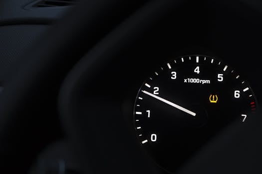A detailed view of a car tachometer showing RPM with tire pressure warning.