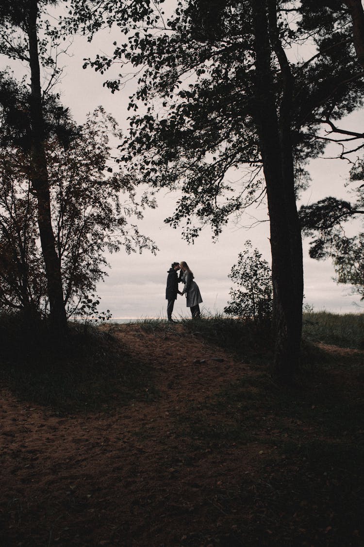 Couple Kissing Under Trees