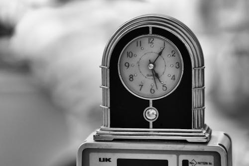 Free stock photo of alarm clock, black amp white, close-up