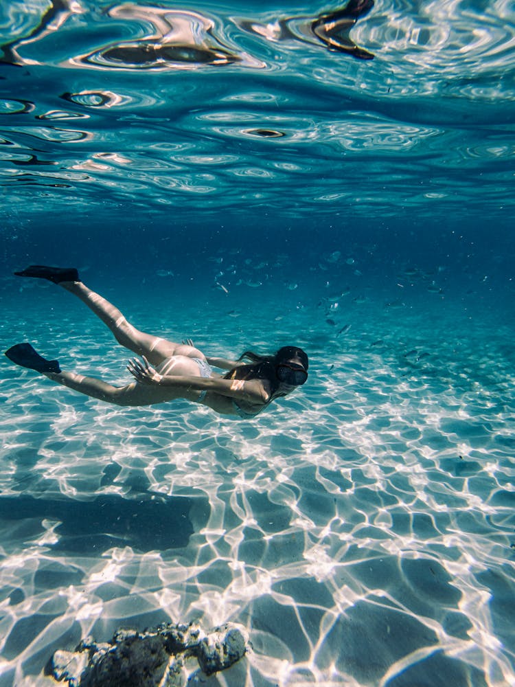 Swimming Woman With Goggles Underwater