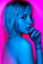 Blue and Pink Colored Photo of Undressed Pretty Woman with Long Wet Hair 