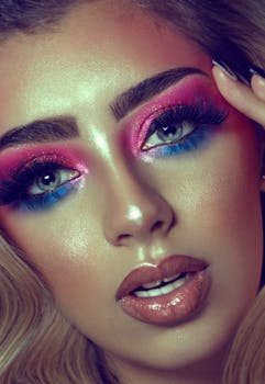 A striking close-up of a woman with colorful, vibrant eye makeup and glossy lips.