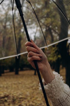 Close-up of a woman's hand holding an umbrella in a leafy autumn park setting.