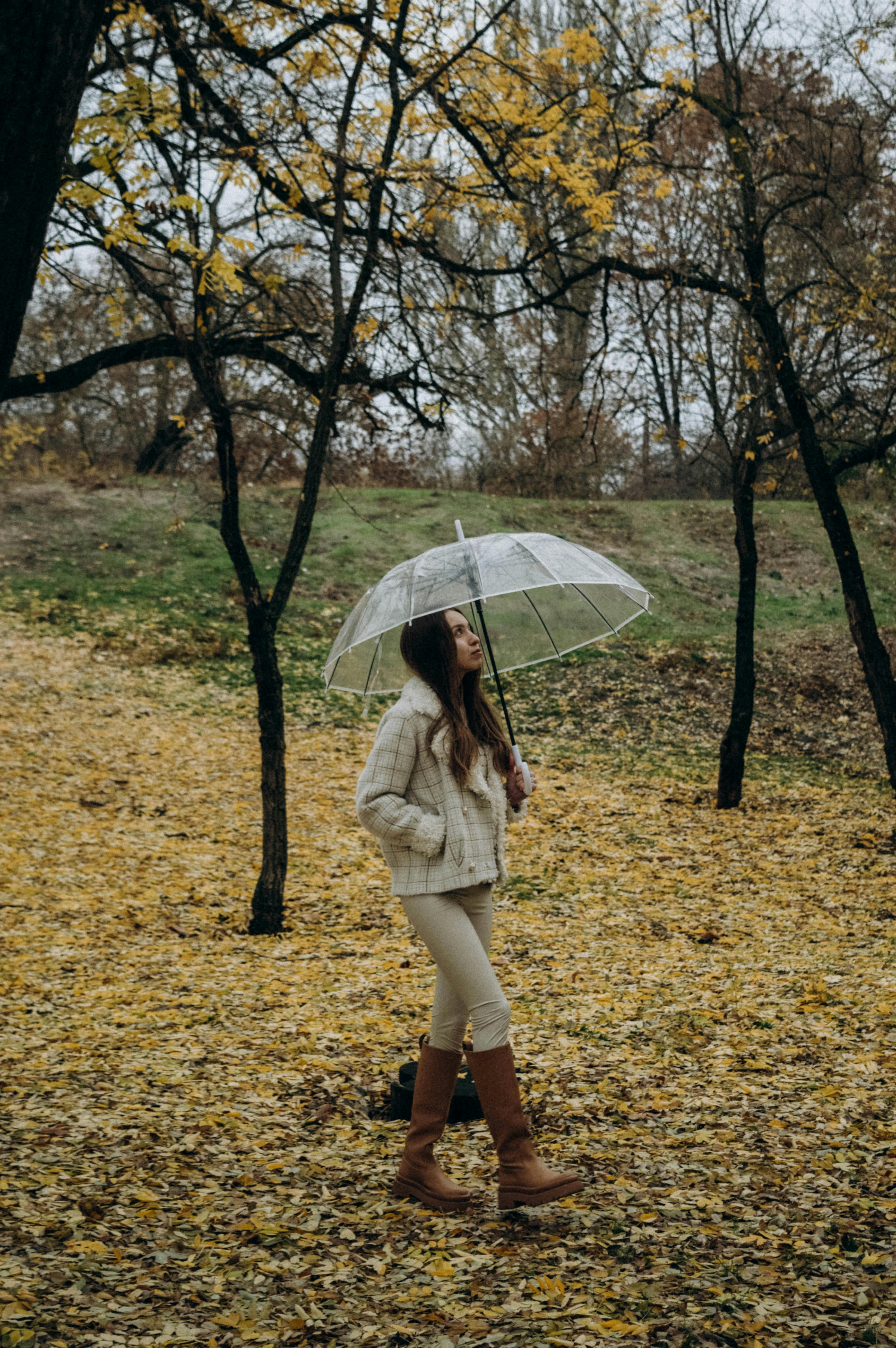 Woman in White Coat Holding Clear Umbrella Walking on Brown Grass