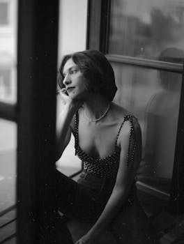 Thoughtful woman with short hair sitting by a window in monochrome.