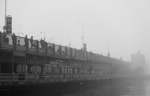 Grayscale Photo of People on the Bridge over River
