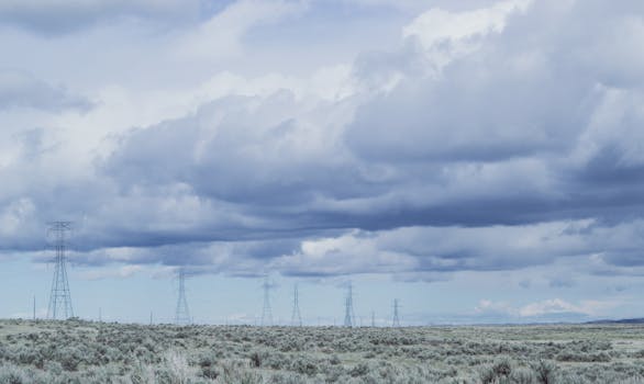 阴沉天空下，电线横跨广阔的乡村