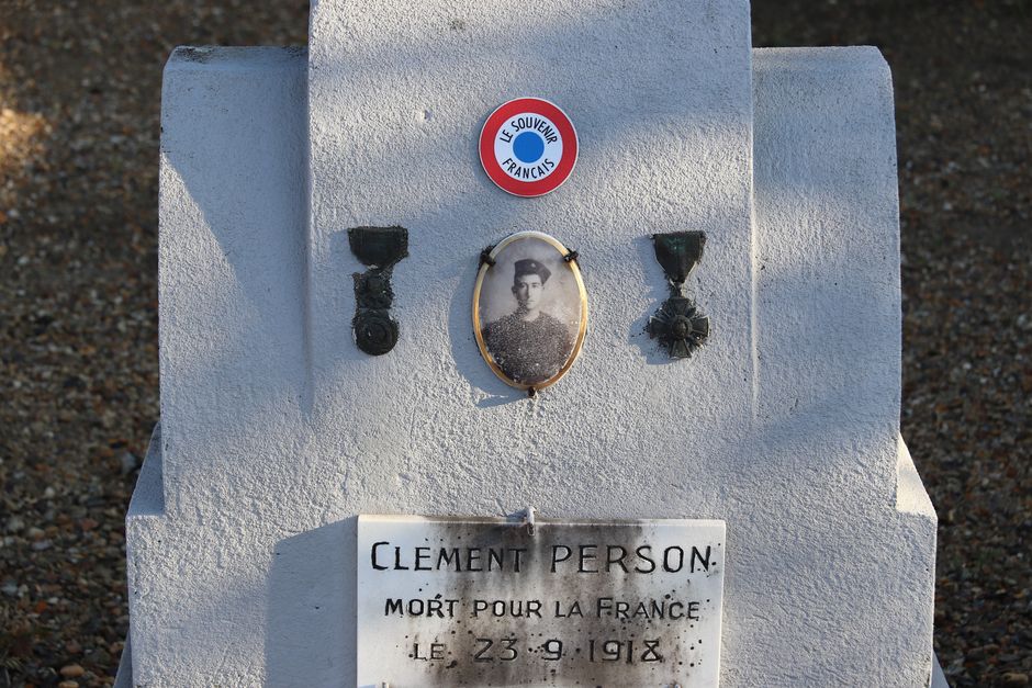A French war memorial gravestone honoring Clément Person in Pontoise, France.