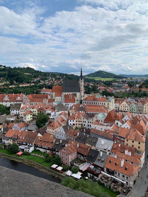 Free High Angle Shot of Buildings in Cesky Krumlov, Czechia Stock Photo