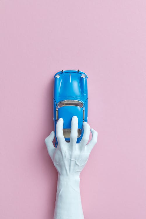 Person Holding Blue and White Plastic Toy Car