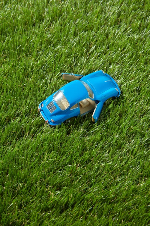 Free Blue Toy Car on Green Grass Stock Photo