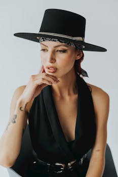 Elegant woman wearing a black hat, showcasing style and tattoos.