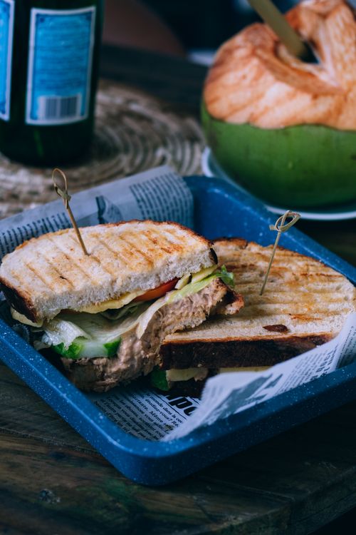 Free Delicious grilled sandwich served with fresh coconut water on a rustic tray. Stock Photo