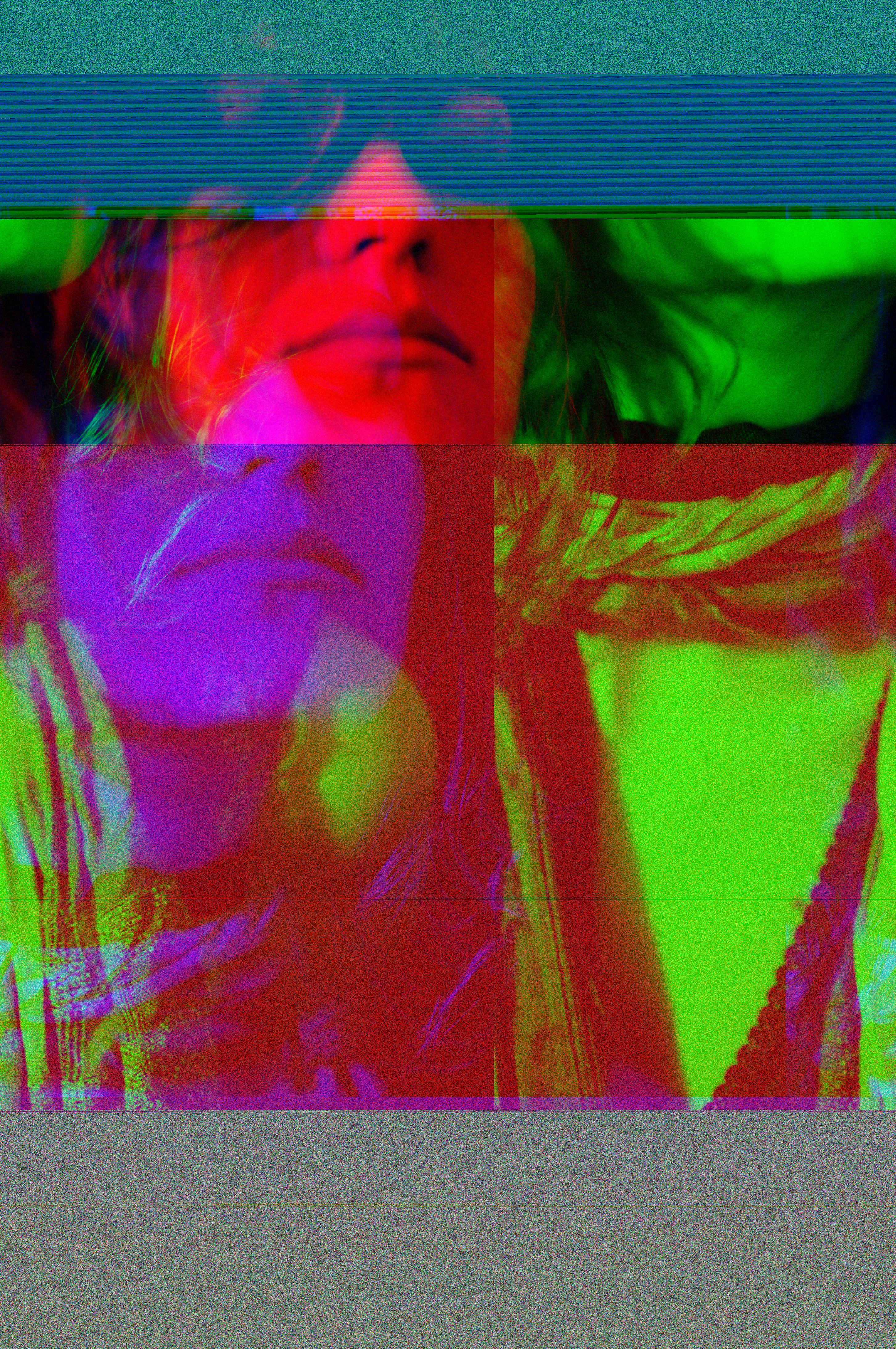 Colorful abstract portrait of a woman with glitch effect and vibrant hues, creating a modern artistic feel.
