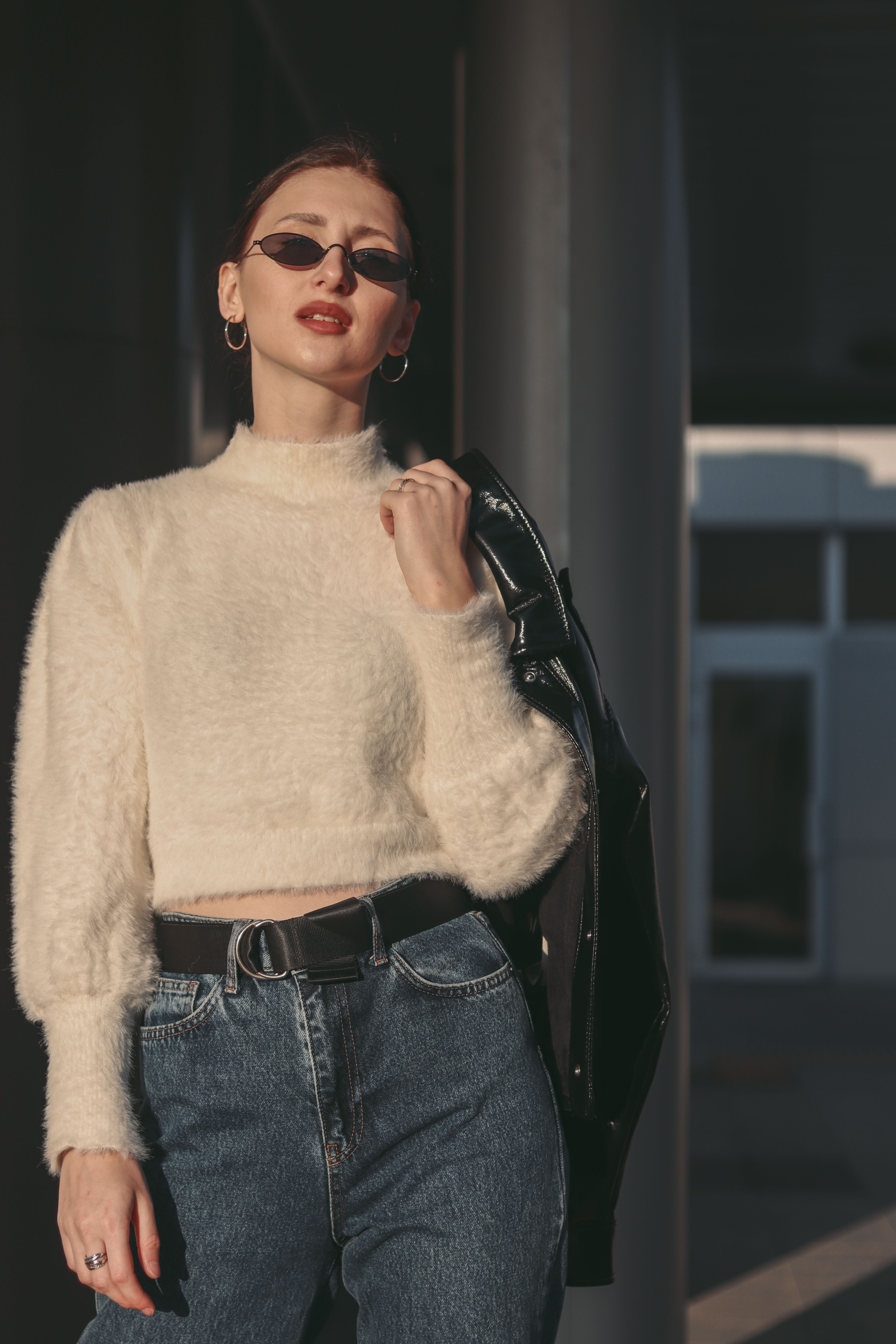 Woman in Black Leather Jacket Wearing Black Sunglasses · Free Stock Photo