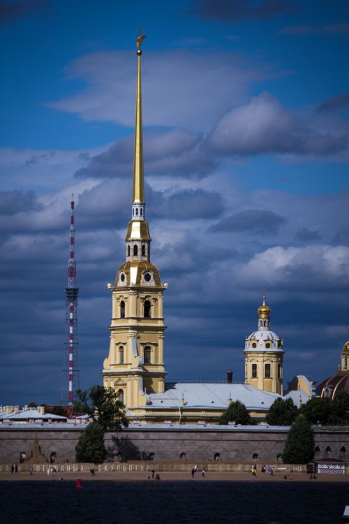 Free The iconic St. Peter and Paul Cathedral under a vibrant blue sky in Russia. Stock Photo