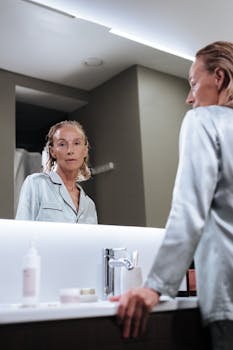Senior woman looking in the bathroom mirror during her morning routine.