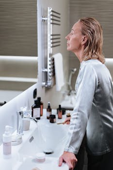 Senior woman enjoying a skincare routine in a modern bathroom setting.