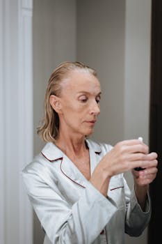 Elderly woman in pajamas applying skincare product in front of mirror.