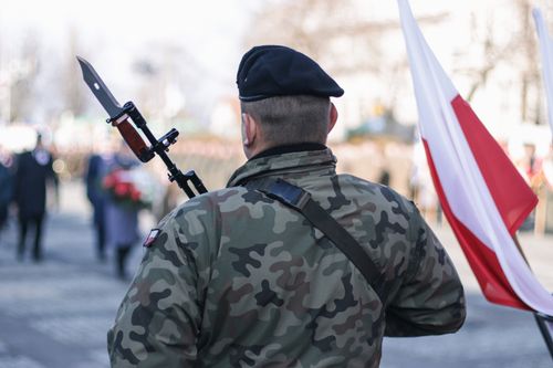 Free Back view of a Polish soldier at a military ceremony, holding a weapon next to the national flag. Stock Photo