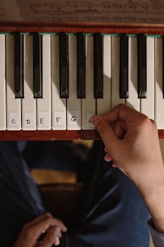 A close-up of a person's hand placing note stickers on piano keys to aid in learning.