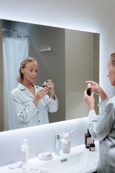 Elderly woman in pajamas using skincare serum while looking at her reflection in a modern bathroom.
