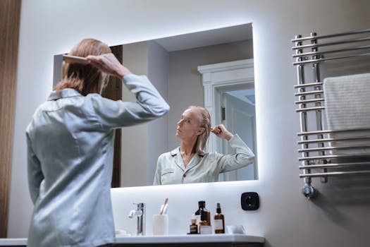 A senior woman in pajamas brushing her hair in a bathroom mirror, embracing her morning routine and self-care.